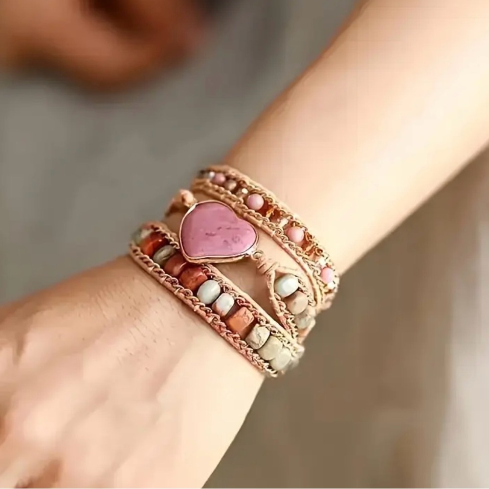Heart Charm Gemstone  Wrap Bracelet